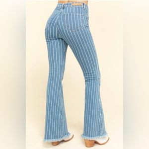 Cello Women’s Medium Wash Pinstripe High Rise Flare Jeans
